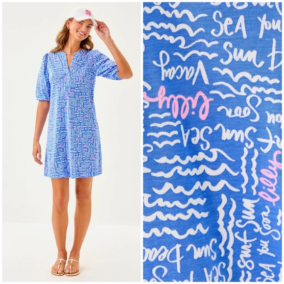 NWT Lilly Pulitzer Colson Dress 100% Cotton Sunwashed Blue Seacrets Size L - Picture 2 of 9